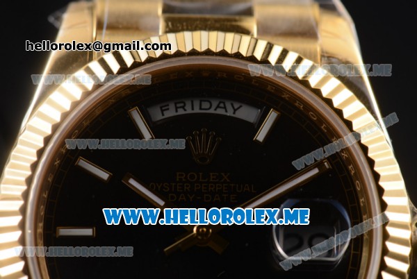 Rolex Day-Date Clone Rolex 3255 Automatic Yellow Gold Case/Bracelet with Black Dial and Stick Markers - Click Image to Close
